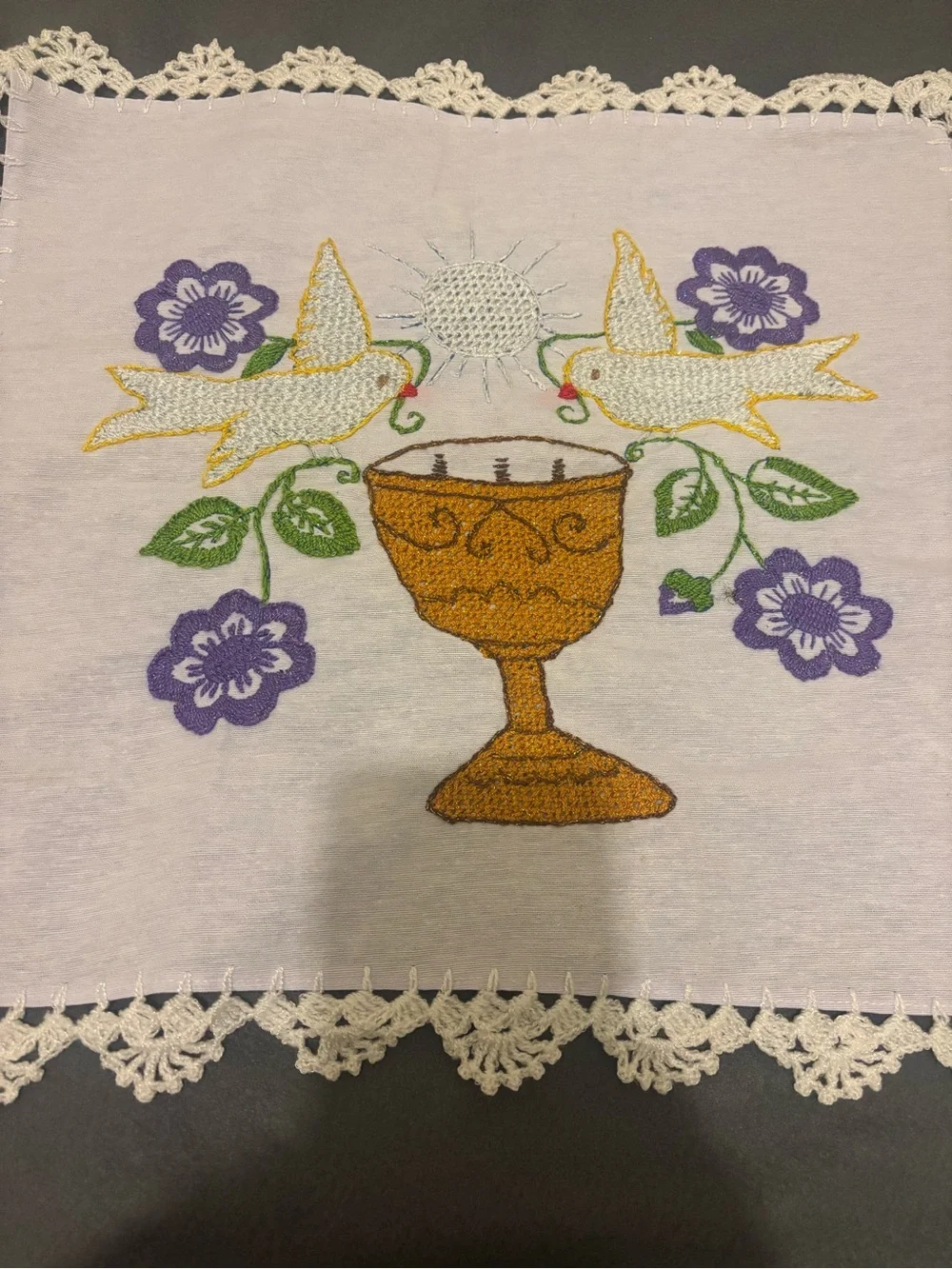 Embroidered Chalice Accent Linen in Gold, Purple and Green